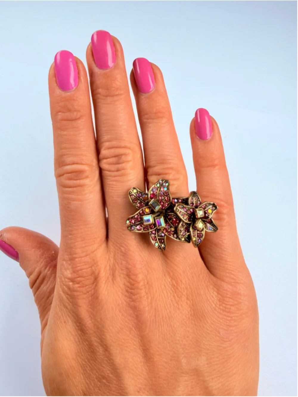 Heidi Daus Foral Rose Swarovski Crystal Aurora Borealis Statement Gold Ring NWT